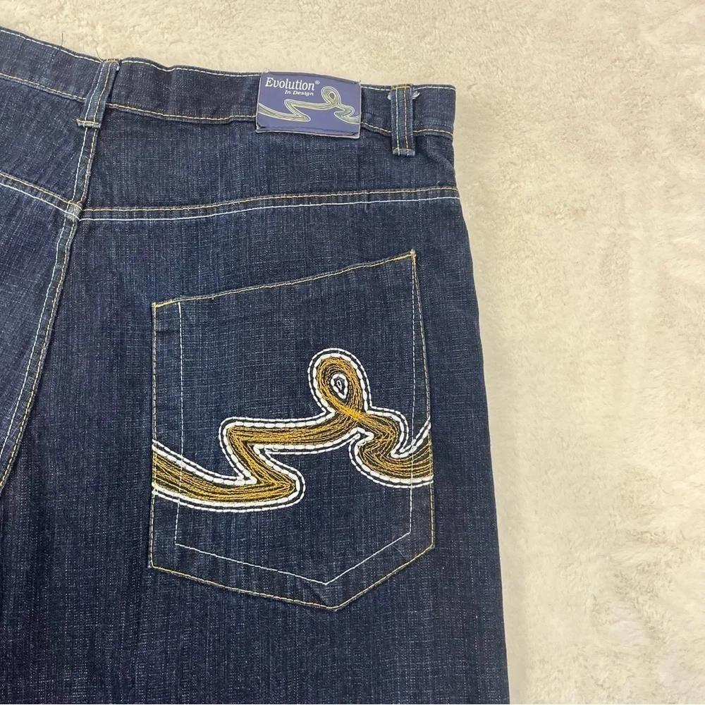 VTG EVOLUTION in Design Jeans Men 40X33 Blue Gold Pocket Embroidery Wide Leg Y2K